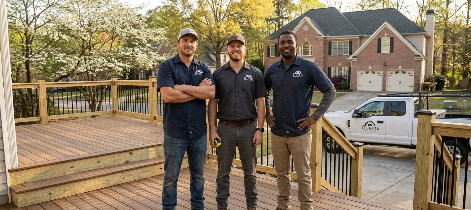 Atlanta Deck Builders crew wearing branded work shirts on a finished deck in Metro Atlanta
