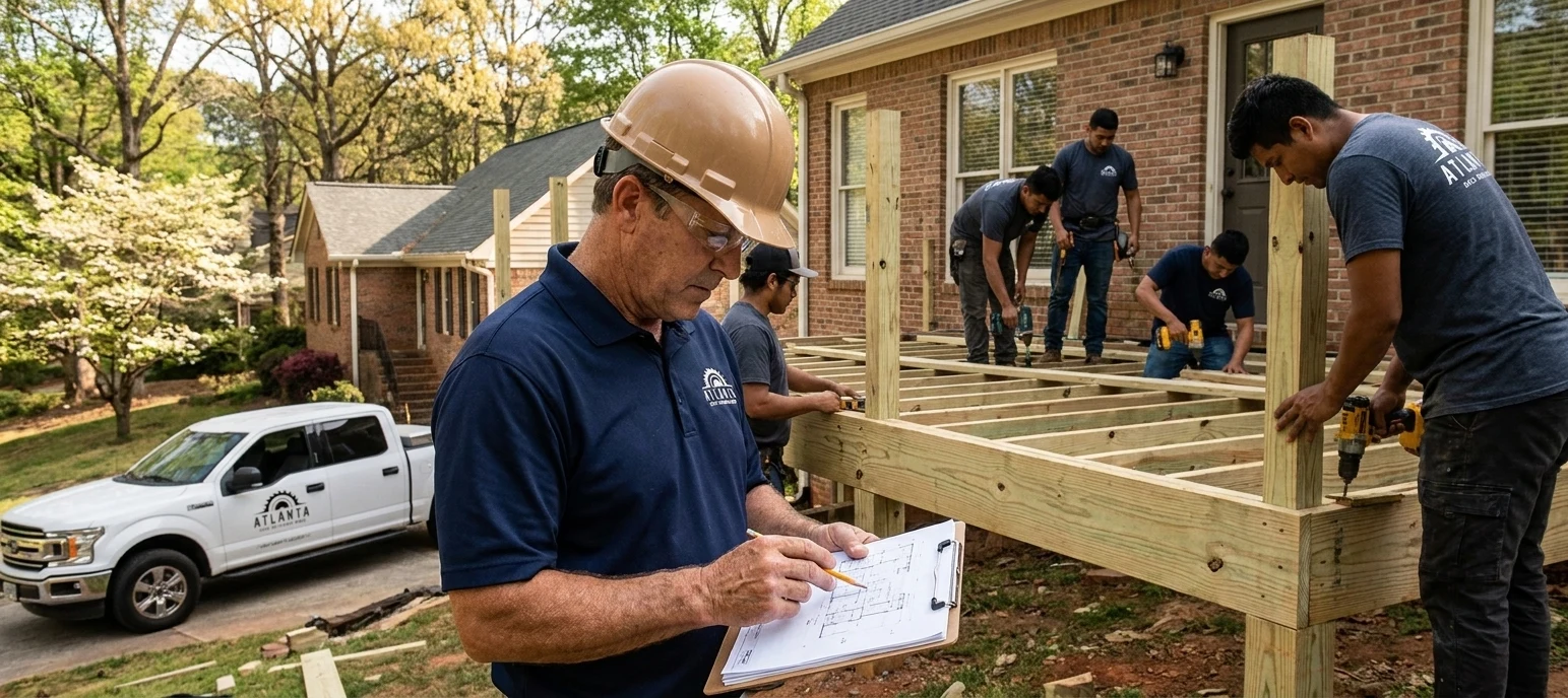Atlanta Deck Builders foreman reviewing deck plans on a Metro Atlanta job site