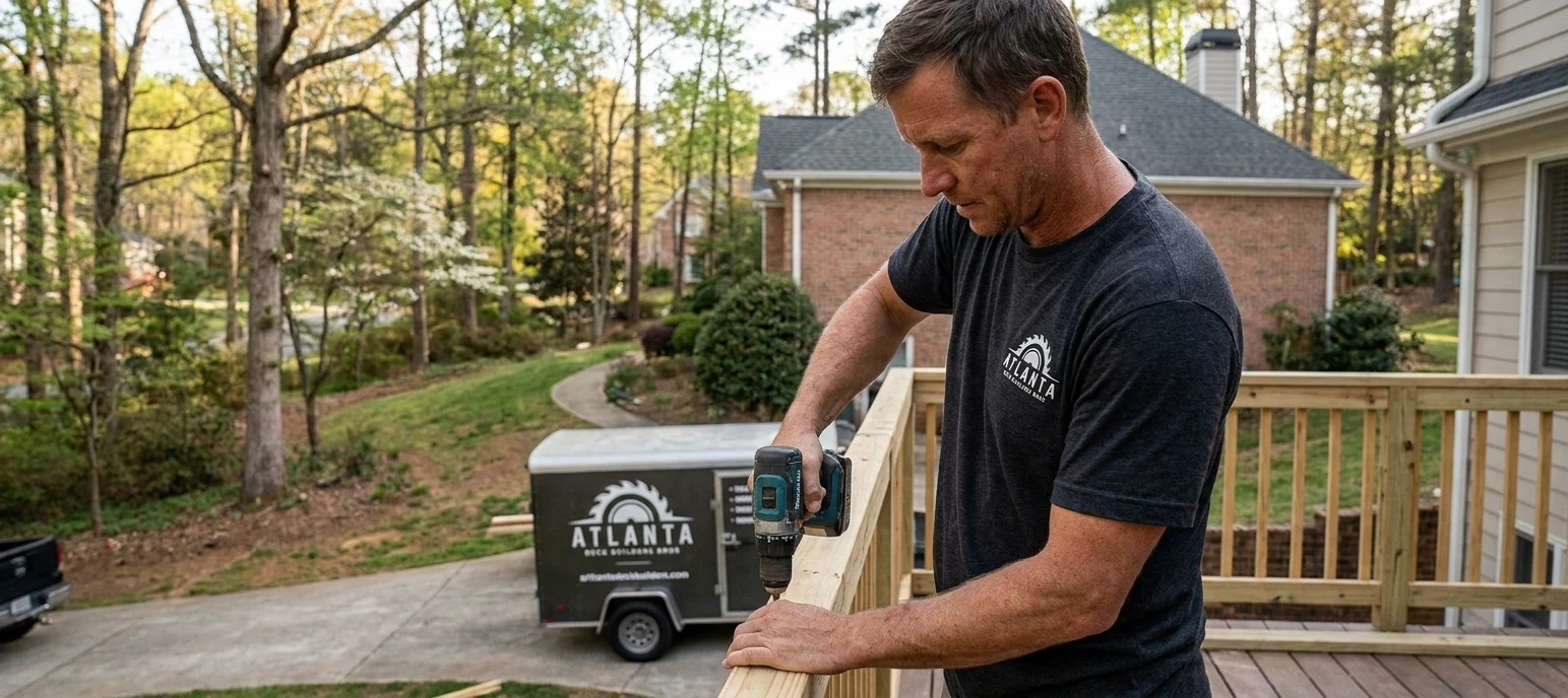 Atlanta Deck Builders crew member in branded shirt installing a deck railing
