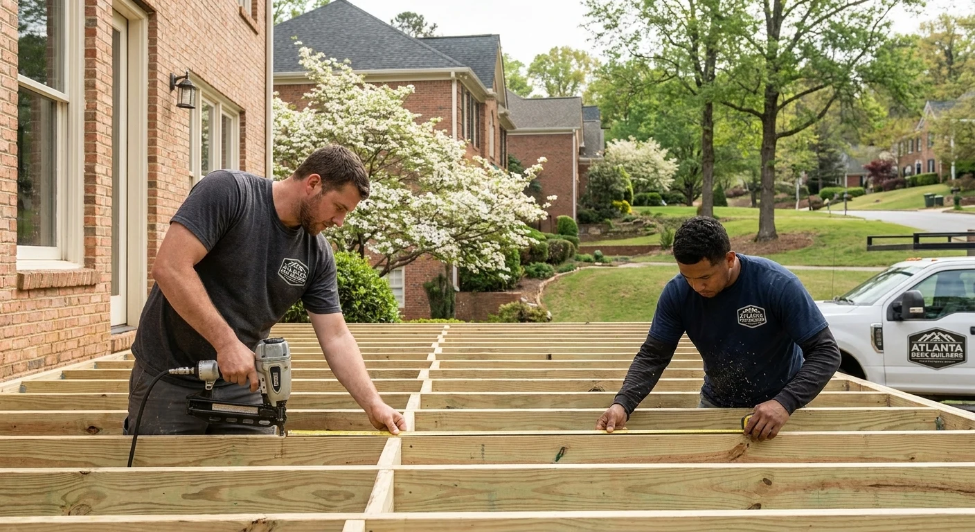 Atlanta Deck Builders crew framing a deck at a brick home in Metro Atlanta