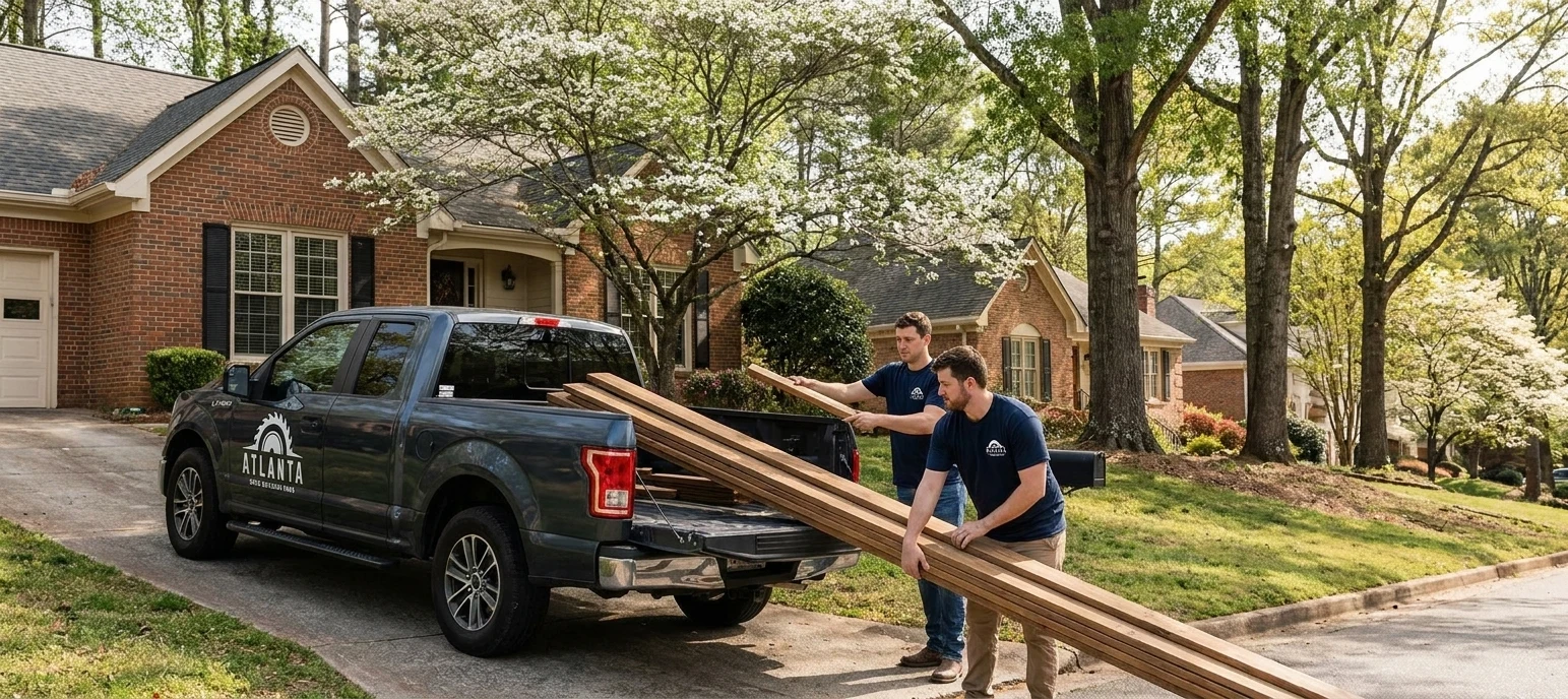 Atlanta Deck Builders crew unloading decking lumber at a Kennesaw GA job site