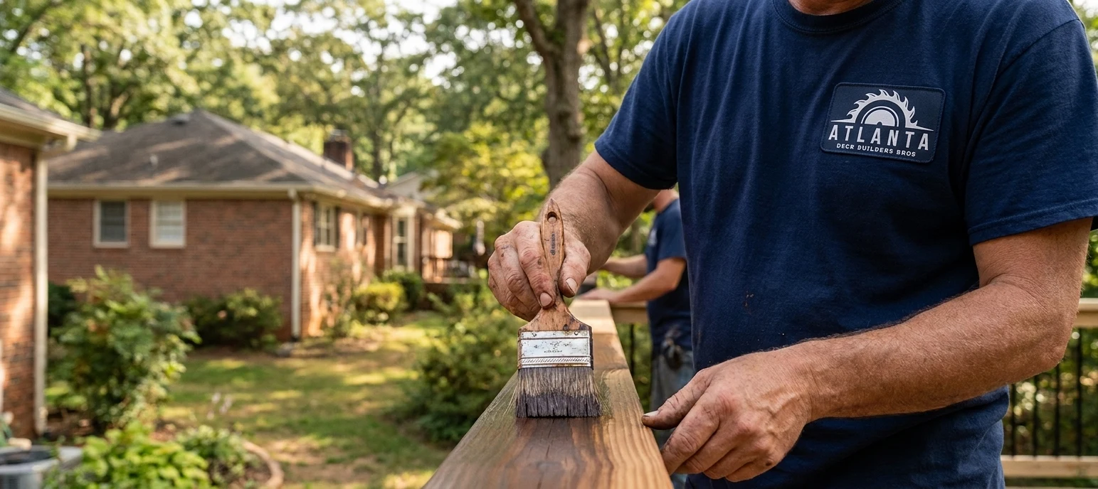 Atlanta Deck Builders crew member staining a cedar deck railing on an East Cobb GA home